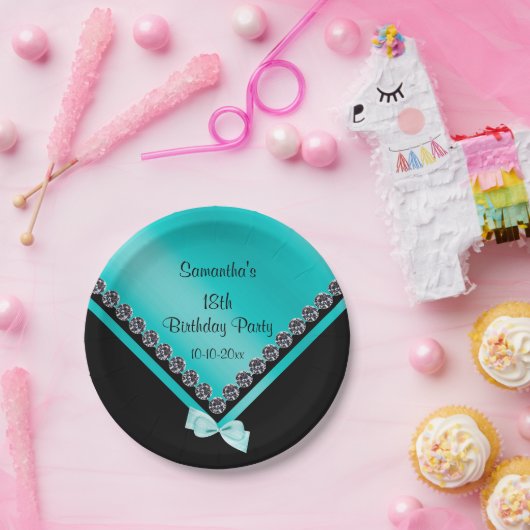 Sparkly Diamonds & Blauwgroen Bow 18th Birthday Papieren Bordje (Feest)