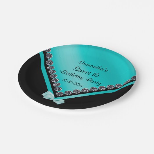 Sparkly Diamonds & Blauwgroen Bow Sweet 16 Papieren Bordje (Gekanteld)