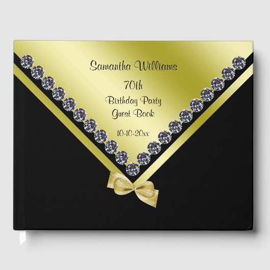 Sparkly Diamonds & Gold Bow 70e verjaardag Gastenboek (Voorkant)