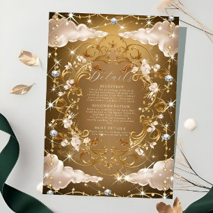 Sparkly Diamonds Gouden bloemen Huwelijk Informatiekaartje