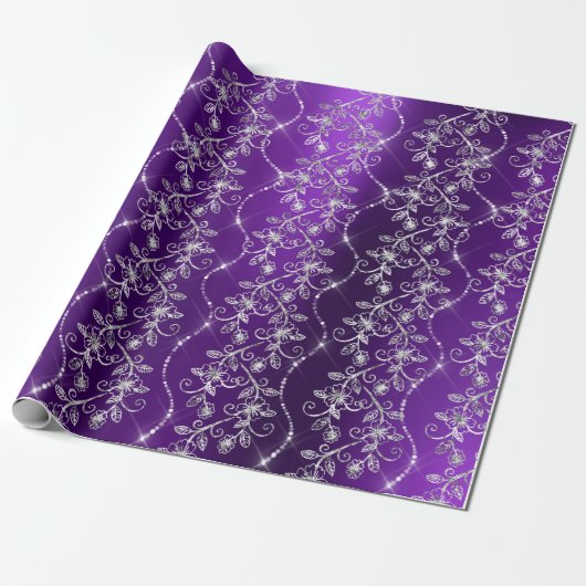 Sparkly Diamonds Paarse Plum Wit Grijs Cadeaupapier (Uitgerold)