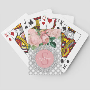 Sparkly Diamonds Pink Roses Monogram Pokerkaarten
