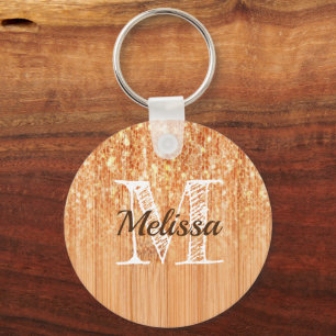 Sparkly elegante sinaasappel bamboe houtprint Mono Sleutelhanger