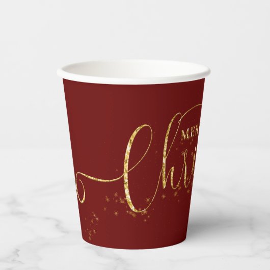 Sparkly Faux Gold Flake Merry Kerstmis op rood Papieren Bekers (Voorkant)