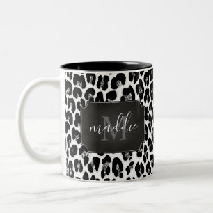 Sparkly Girly Glitter Leopard Monogramme Name Tweekleurige Koffiemok