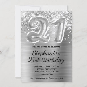 Sparkly Glitter Silver Ballon 21st Birthday Kaart