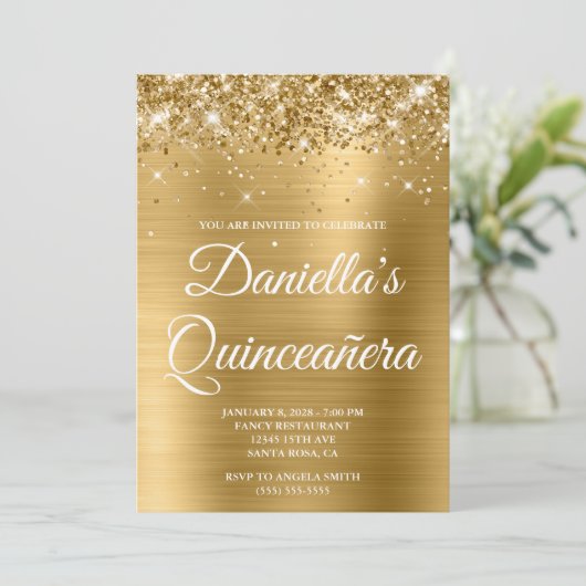 Sparkly Glittery Gold Foil Quinceañera Kaart (Staand voorkant)