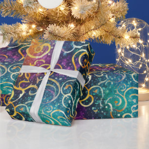 Sparkly Glittery Paarse Blauwe en Gouden Swirls Cadeaupapier