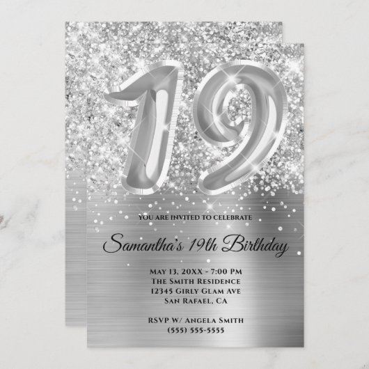 Sparkly Glittery Silver Glam 19th Birthday Kaart (Voorkant / Achterkant)