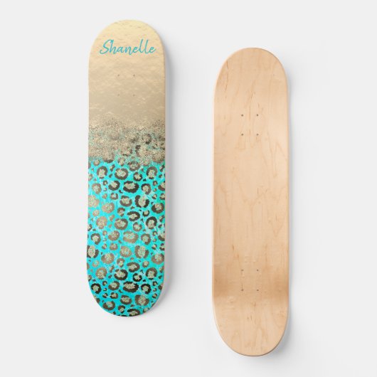 Sparkly Glittery Turquoise Leopard Skateboard (Voorkant)