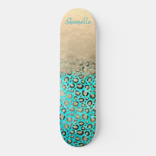 Sparkly Glittery Turquoise Leopard Skateboard (Voorkant)