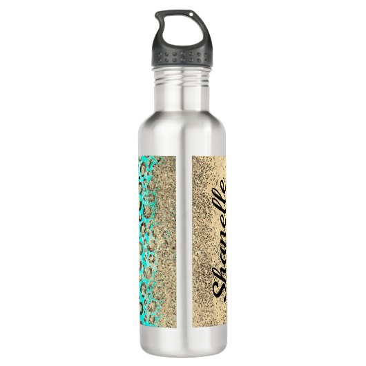 Sparkly Glittery Turquoise Leopard Waterfles (Achterkant)