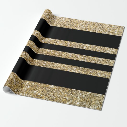 Sparkly Gold & Black Stripes Gift Wrapping Paper Cadeaupapier (Uitgerold)