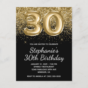 Sparkly Gold Glitter Black Balloon 30e verjaardag Uitnodiging Briefkaart