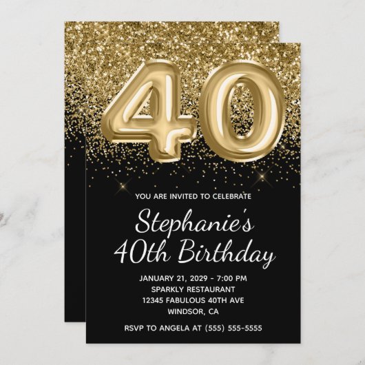 Sparkly Gold Glitter Black Balloon 40e verjaardag Kaart (Voorkant / Achterkant)