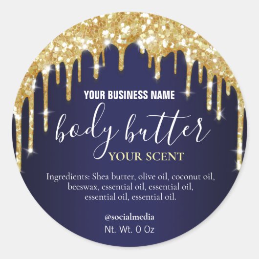Sparkly Gold Glitter Navy Blue Body Butter Labels (Voorkant)