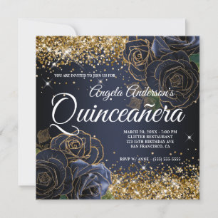 Sparkly Gold Glitter Navy Blue Roos Quinceañera Kaart