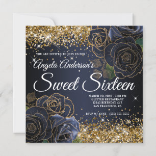 Sparkly Gold Glitter Navy Blue Roos Sweet Sixteen Kaart