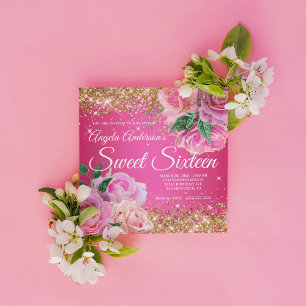 Sparkly Gold Glitter Pink Rose Glam Sweet 16 Kaart