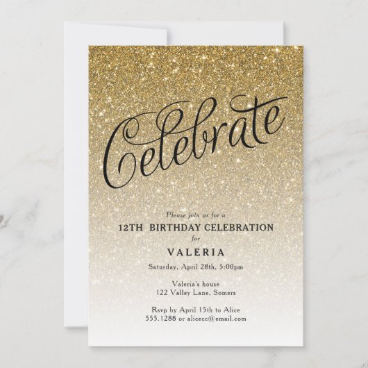 Sparkly Gold Glitter Verjaardag vieren Uitnodiging (Voorkant)
