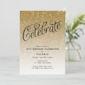 Sparkly Gold Glitter Verjaardag vieren Uitnodiging (Staand voorkant)