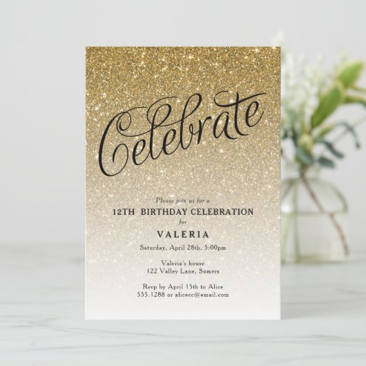 Sparkly Gold Glitter Verjaardag vieren Uitnodiging (Staand voorkant)