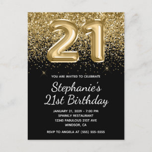Sparkly Gold Glitter Zwarte Ballon 21e Verjaardag Uitnodiging Briefkaart
