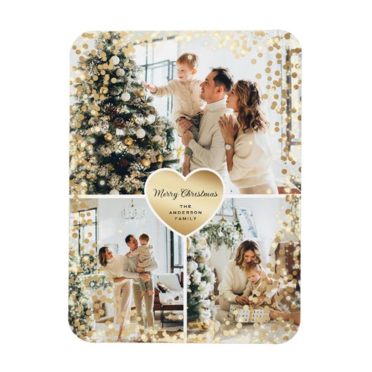Sparkly Gold Heart Photo Merry Christmas Magnet (Vertical)