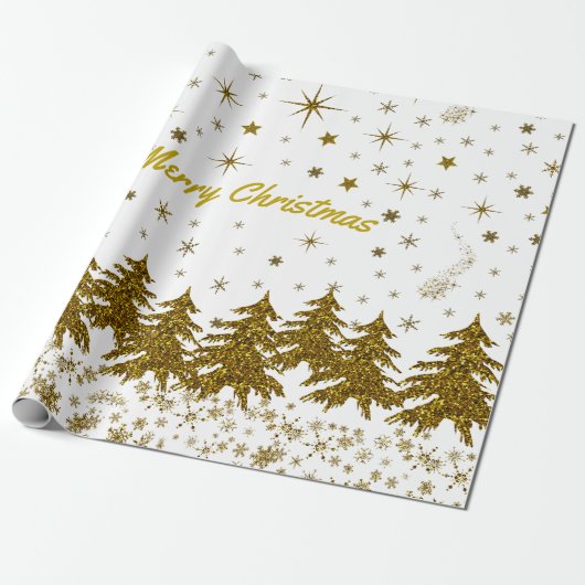 Sparkly Gold-kerstboom, sterren, sneeuw Cadeaupapier (Uitgerold)
