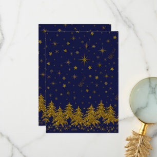 Sparkly Gold-kerstboom, sterren, sneeuw op blauw Bedankkaart