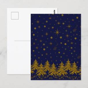 Sparkly Gold-kerstboom, sterren, sneeuw op blauw Briefkaart