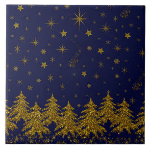Sparkly Gold-kerstboom, sterren, sneeuw op blauw Tegeltje