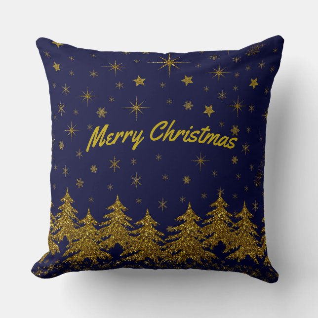 Sparkly Gold-kerstboom, sterren, sneeuw op blauwe  Kussen (Voorkant)
