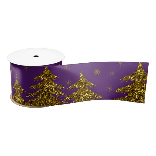 Sparkly Gold-kerstboom, sterren, sneeuw op paars Lint (Spoel)