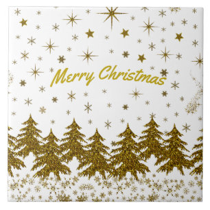 Sparkly Gold-kerstboom, sterren, sneeuw Tegeltje
