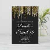 Sparkly Gold String Lights Black Sweet 16 Kaart (Staand voorkant)