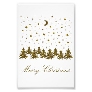 Sparkly gouden Kerstboom, maan, sterren Kerstmis Foto Afdruk