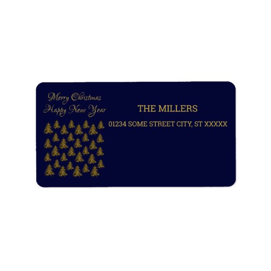 Sparkly gouden kerstboom op blauwe kerst etiket (Voorkant)