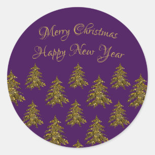 Sparkly gouden kerstboom op paarse kerst ronde sticker