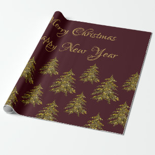 Sparkly gouden kerstboom op rode kerst cadeaupapier