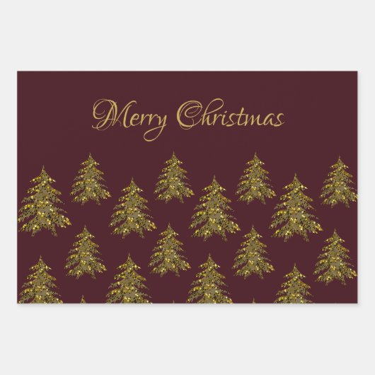 Sparkly gouden kerstboom op rode kerst inpakpapier vel (Voorkant)