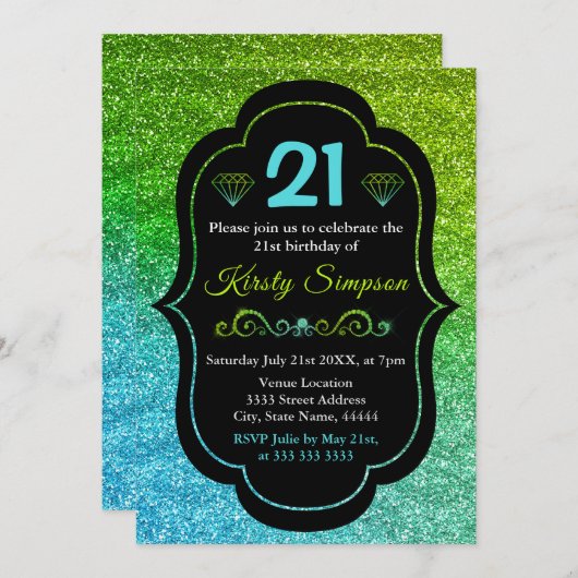 Sparkly Green & Blue Gradient Glitter Birthday Kaart (Voorkant / Achterkant)