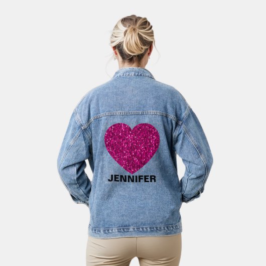 Sparkly heet roze hart faux sparkle Jouw naam Denim Jacket (Model)