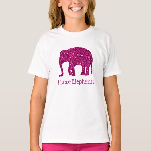 Sparkly heet roze Ik hou van Olifanten tekst aanpa T-shirt (Voorkant)