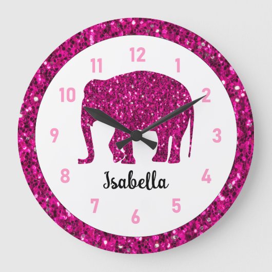 Sparkly heet roze Olifant Custom naam Grote Klok (Voorkant)