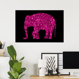 Sparkly heet roze Olifant faux sparkles op zwart Poster