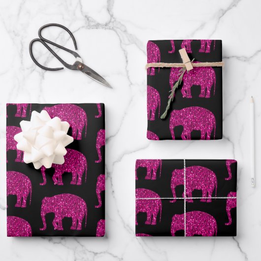 Sparkly heet roze Olifant sparkles patroon zwart Inpakpapier Vel (Voorkant)