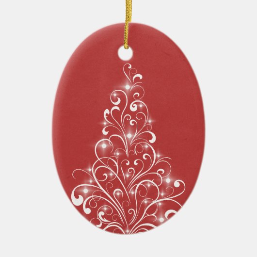 Sparkly Holiday Tree Oval Ornament, rood Keramisch Ornament (Voorkant)