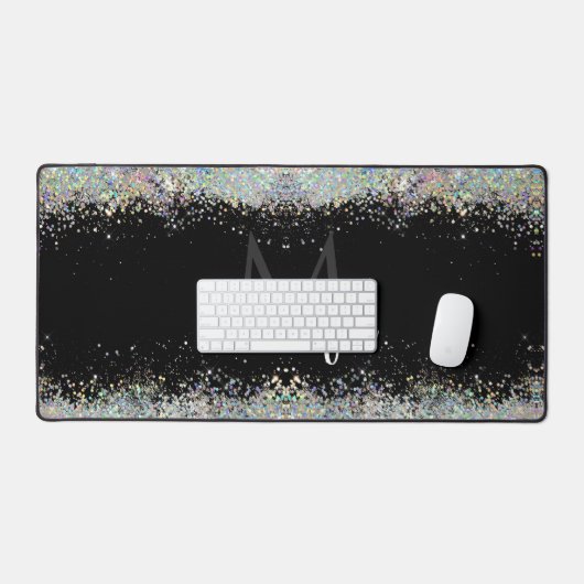 Sparkly Holographic Gold Glitter Monogram Black Bureaumat (Keyboard & Muis)