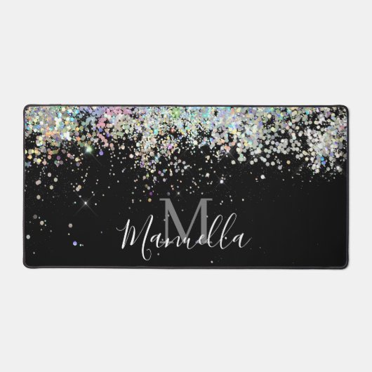Sparkly Holographic Roos Gold Glitter Monogram Bureaumat (Voorkant)